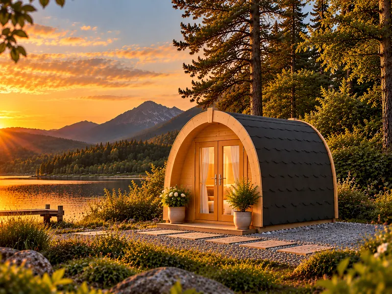 Camping Pod aus Holz mit gewölbtem schwarzem Schindeldach und verglaster Doppeltür an einem See bei Sonnenuntergang