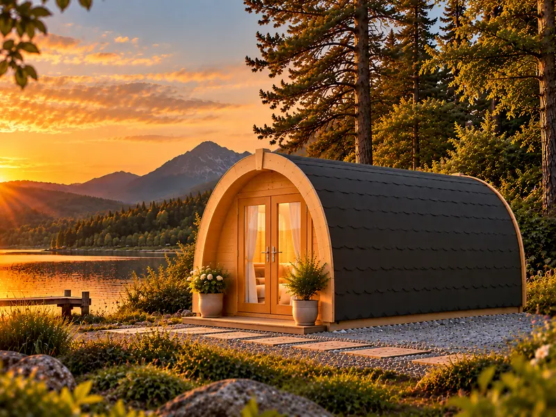 Camping Pod aus Holz mit gewölbtem schwarzem Schindeldach und verglaster Doppeltür an einem See bei Sonnenuntergang