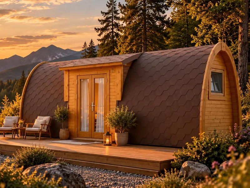 Großer Camping Pod aus Holz mit braunem Schindeldach, Eingang an der Längsseite und Terrasse an einem See