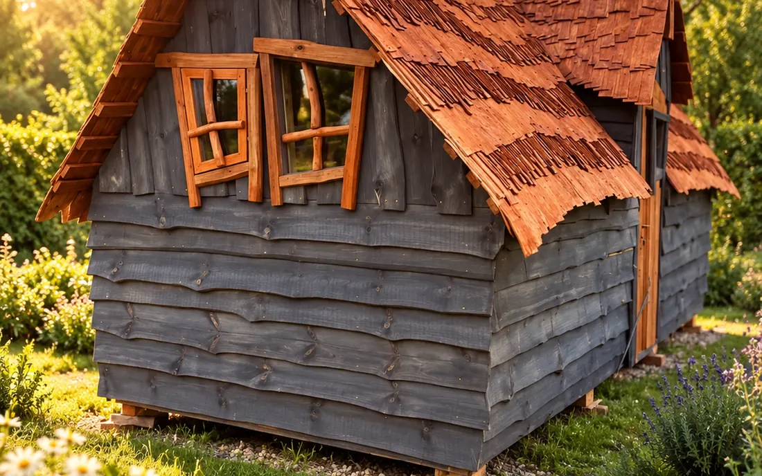 Zwergenhaus mit grauer Holzfassade, schiefen Holzfenstern und rotbraunem Schindeldach in einem Garten
