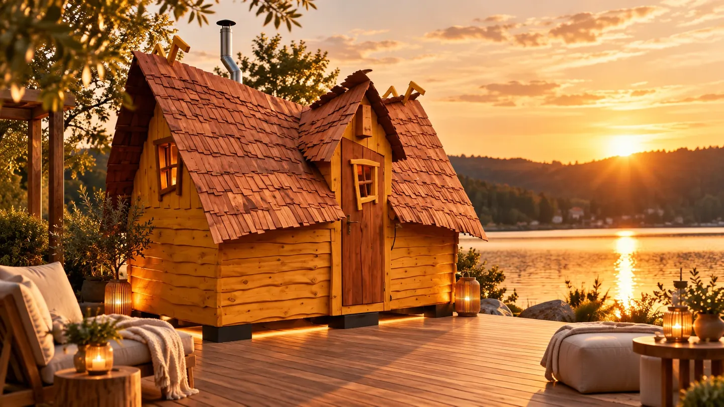 Zwergenhaus aus Holz mit geschwungenem Schindeldach auf einer Terrasse am See im Abendlicht