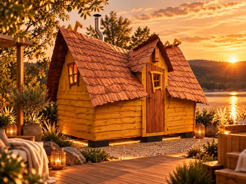 Zwergenhaus aus gelbem Holz mit Schindeldach auf einer Terrasse am See im Abendlicht